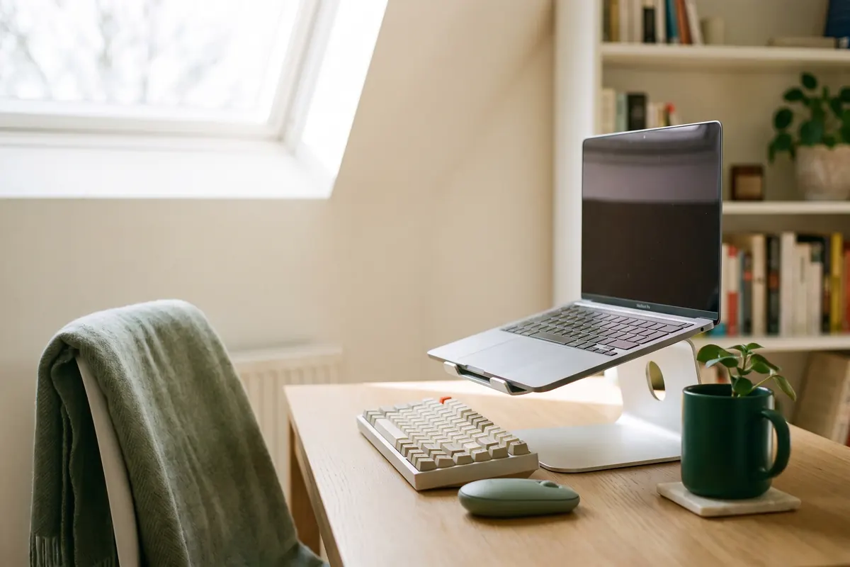 Laptop auf einem Ständer, die Oberkante des Bildschirms auf Augenhöhe, davor eine externe Tastatur