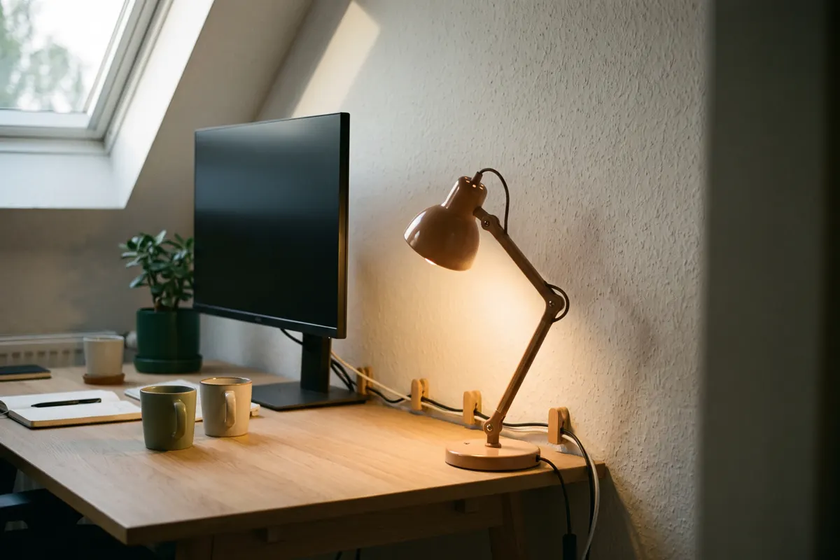 Schreibtischlampe beleuchtet die Wand hinter einem Monitor, die Kabel sind ordentlich an der Tischkante befestigt