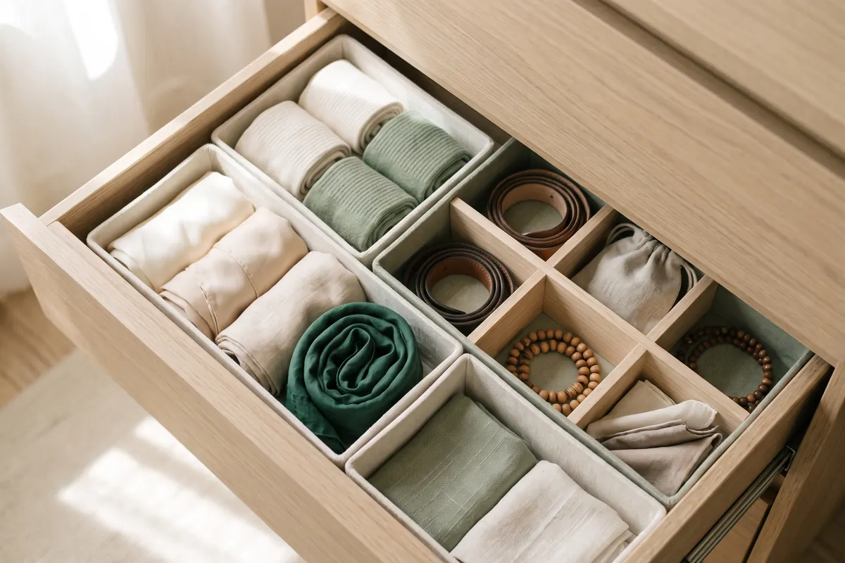 Cajón de cómoda abierto y organizado con cajas poco profundas y separadores para calcetines, pañuelos y accesorios