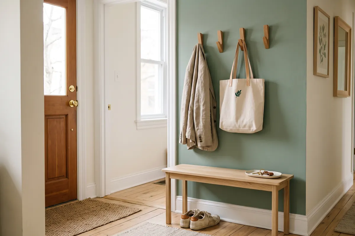 Recibidor pequeño con ganchos de pared, un banco zapatero estrecho y una bandeja para llaves junto a una pared verde salvia