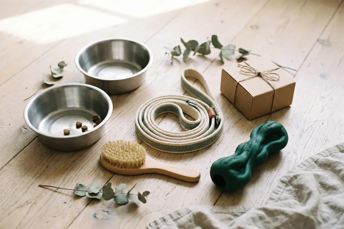 Vue de dessus d’accessoires pour chien&nbsp;: gamelles en inox, brosse de toilettage, laisse, jouet à mâcher en caoutchouc et traitement antipuces