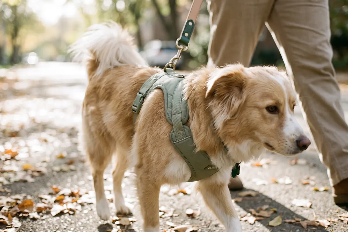 Chien marchant sur un trottoir bordé d’arbres, équipé d’un harnais rembourré solide et d’une laisse robuste