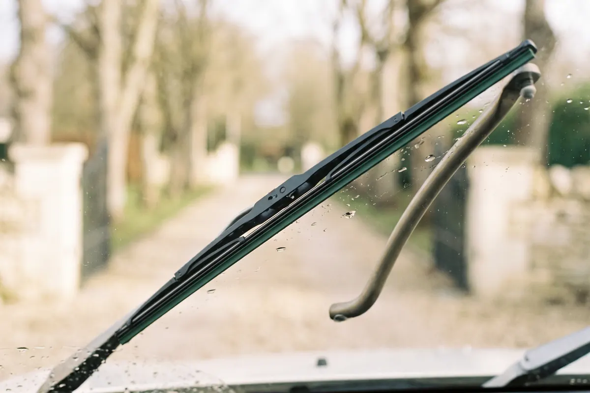 Neues Scheibenwischerblatt auf der Windschutzscheibe eines Autos neben dem Wischerarm