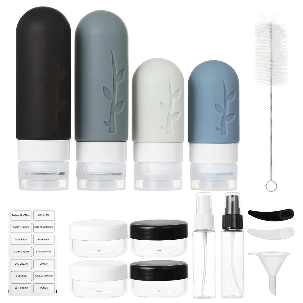 Squeeze bottles, sprays and jars in the travel bottles set