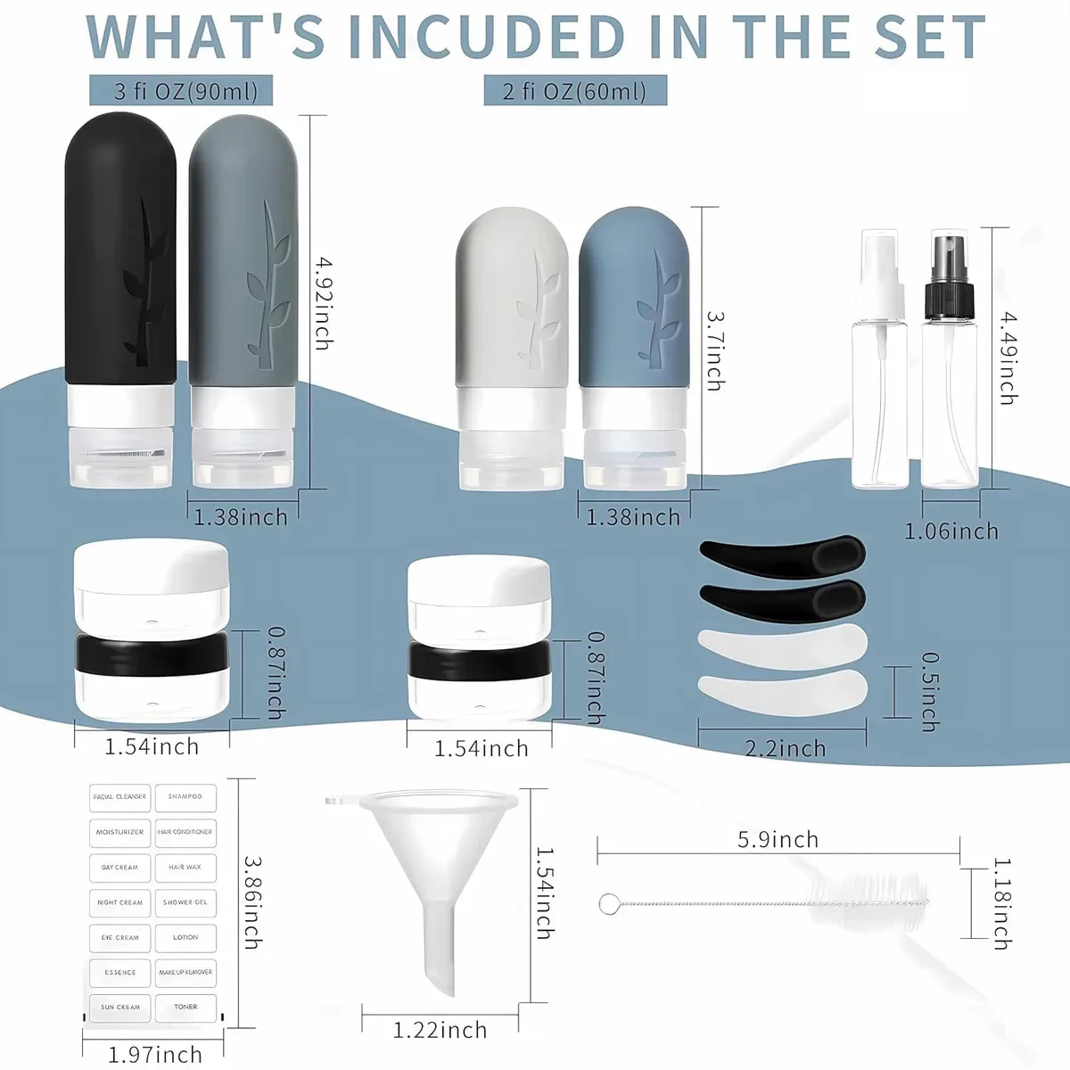 Every piece included in the 18 pack travel bottles set