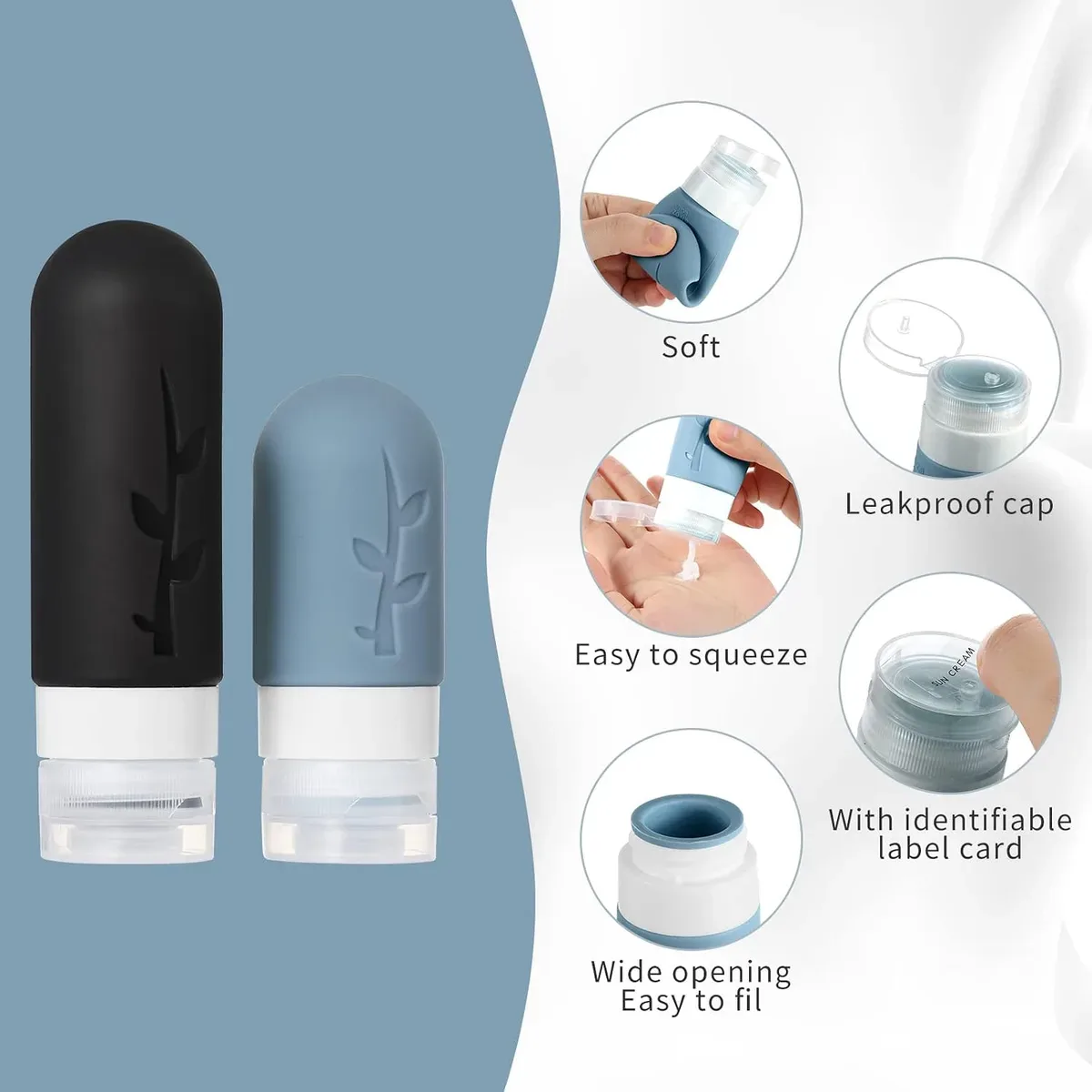 Leak-proof flip-top lid on the travel bottles set