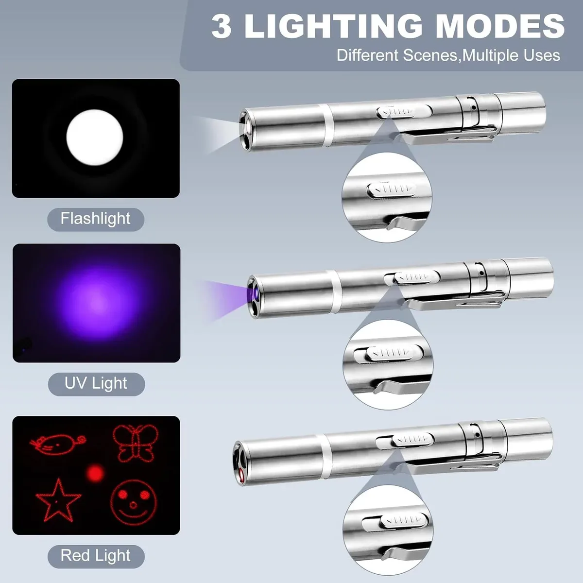 Laser, UV and flashlight modes of the cat laser pointer