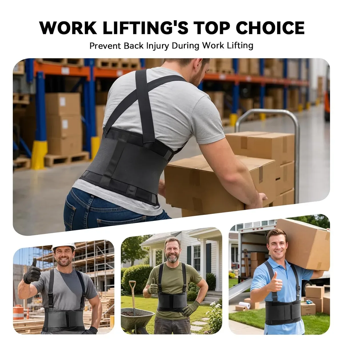 Worker lifting heavy items in a back brace with suspenders