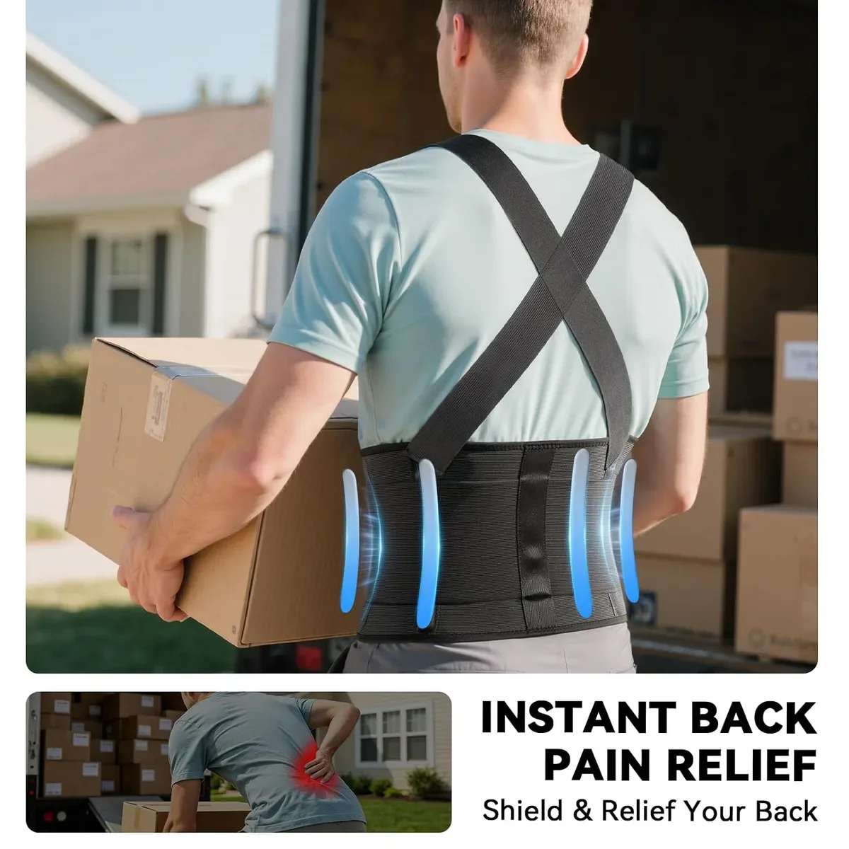 Lower back support provided by the back brace with suspenders