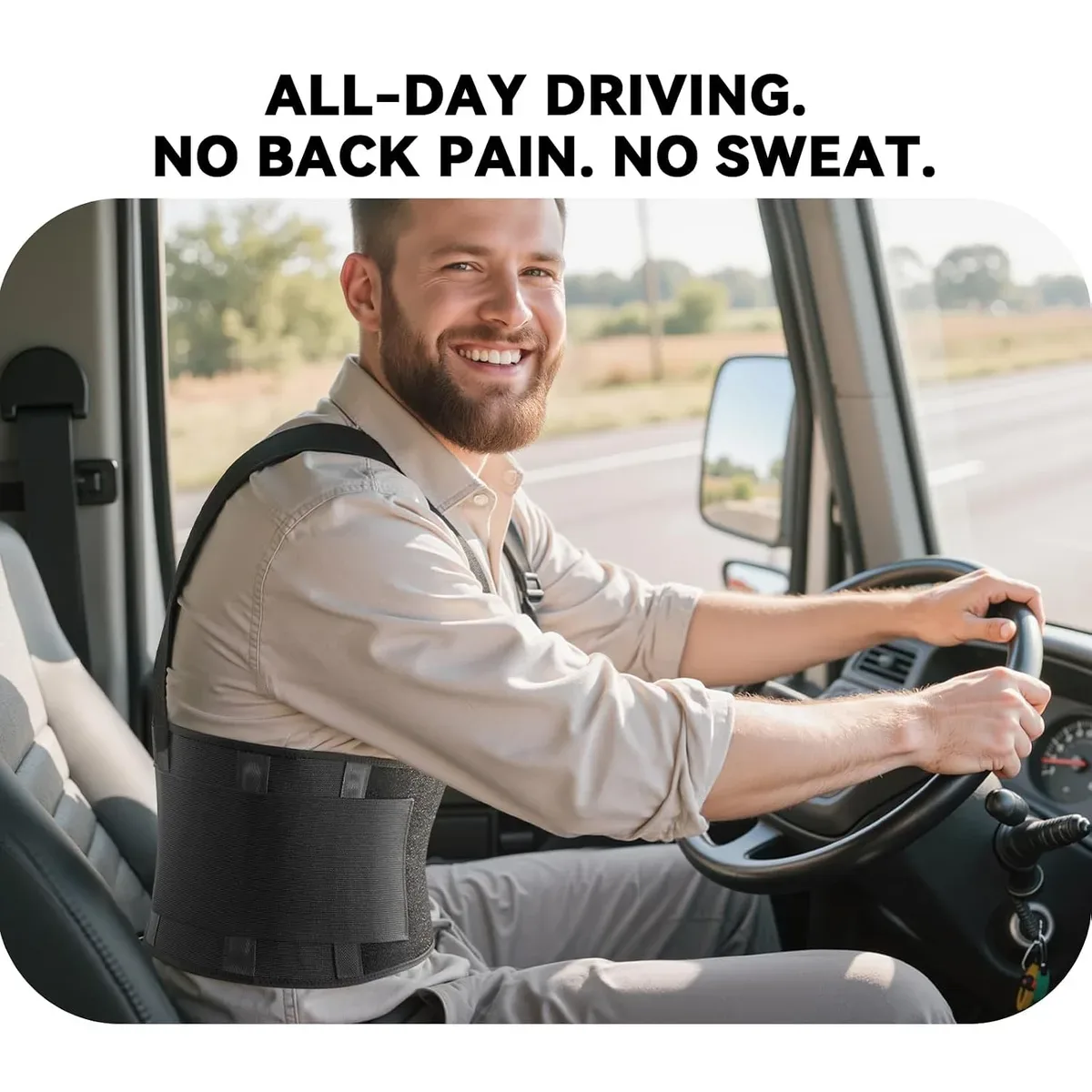 Driver wearing a back brace with suspenders behind the wheel