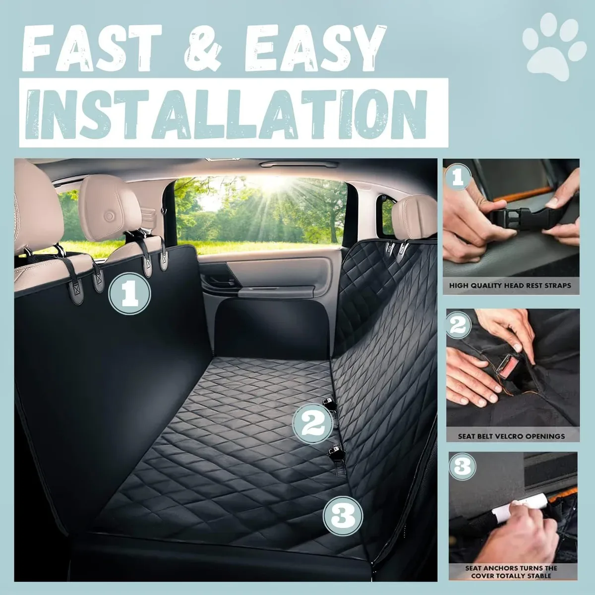 Installing the dog car seat cover on headrests and seat gap