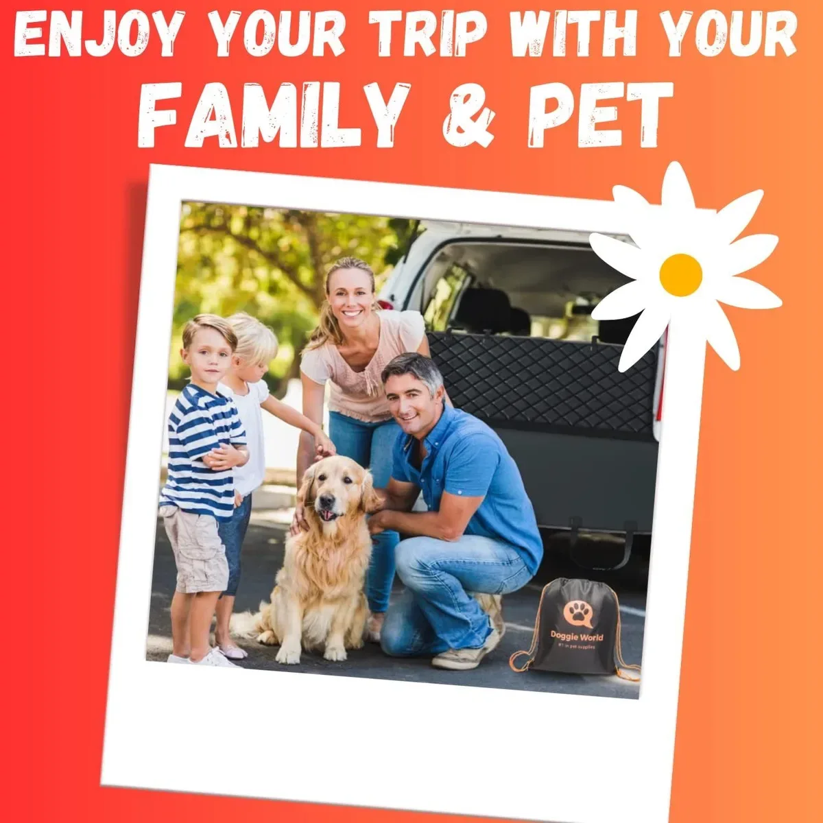 Family dog riding on the dog car seat cover during a road trip