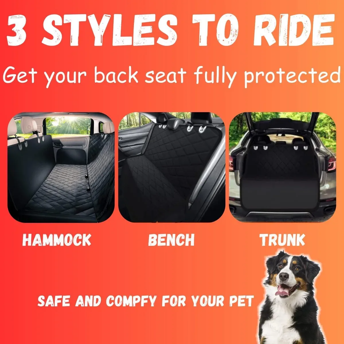 Dog car seat cover shown in hammock, bench and trunk setups