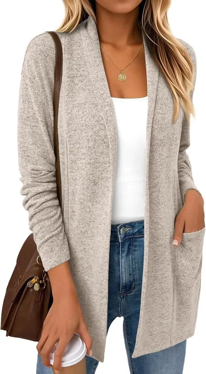 Full length view of the open front cardigan at the hip