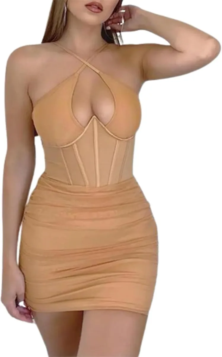 Halter neckline of the crisscross bodycon mini dress up close