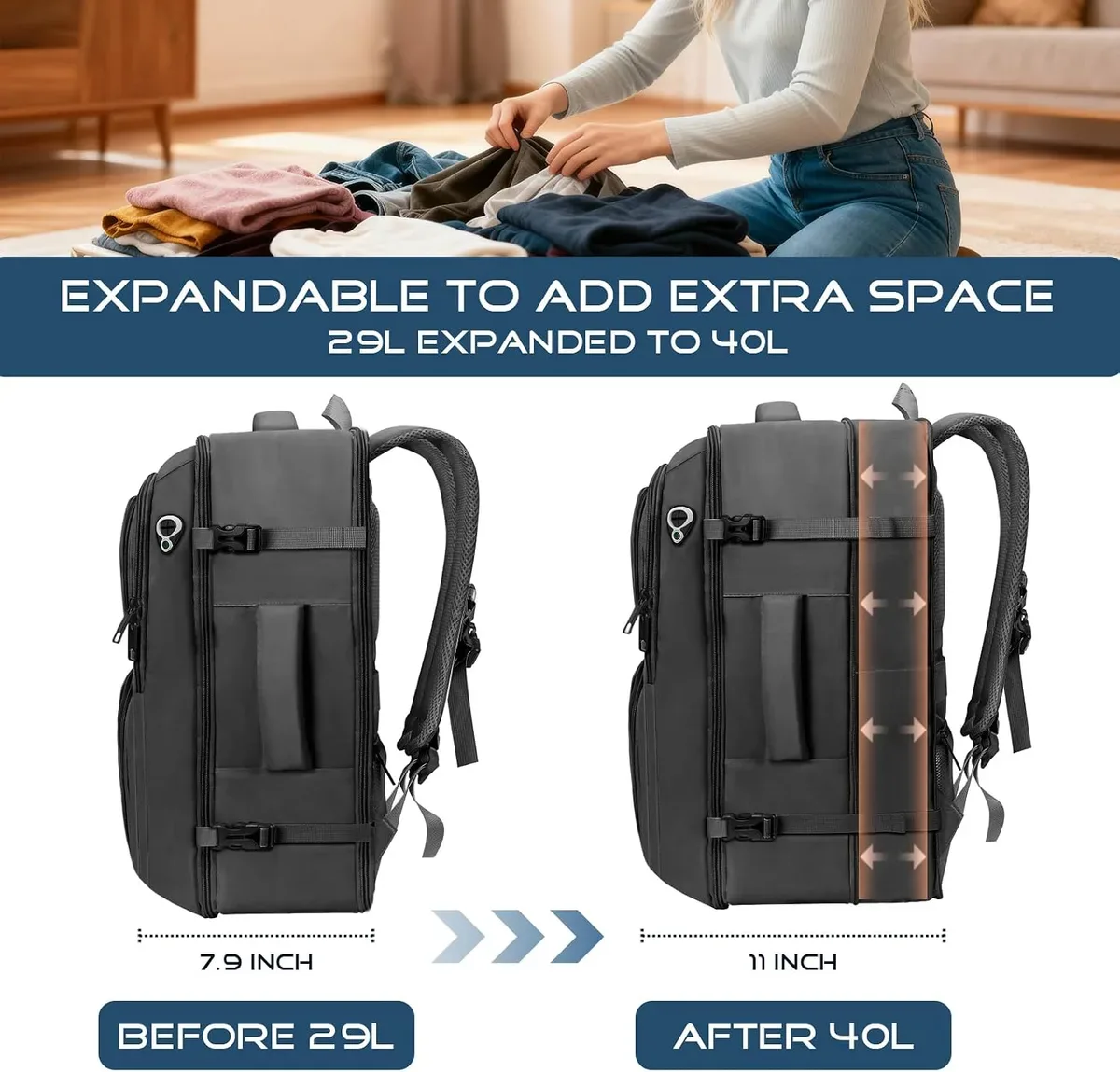 Carry-on travel backpack before and after expanding