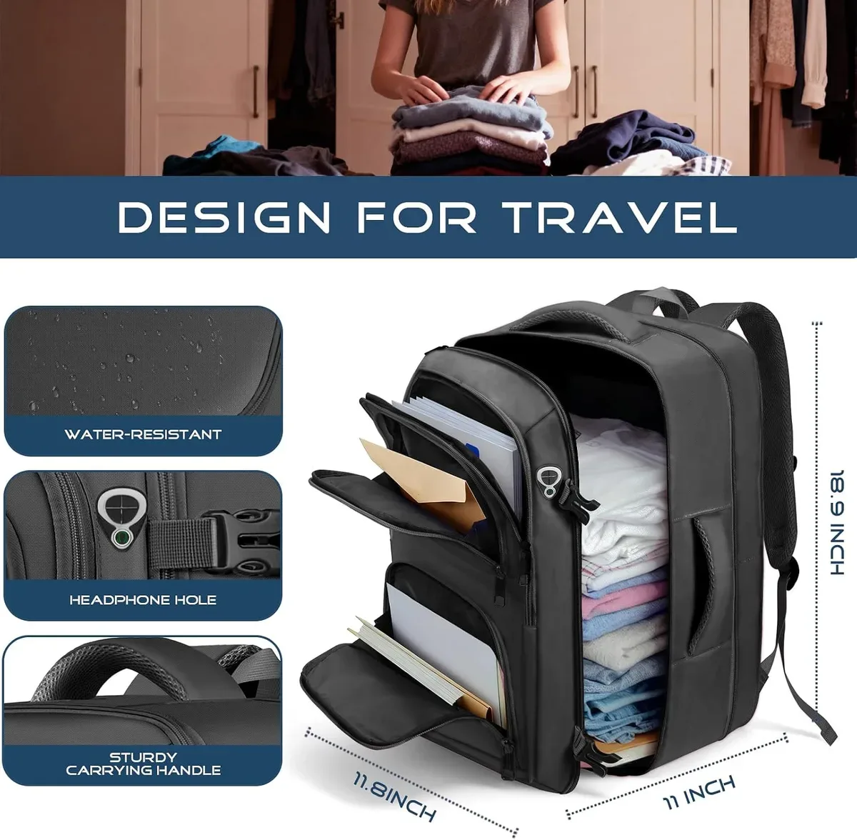 Inside compartments and pockets of the carry-on travel backpack