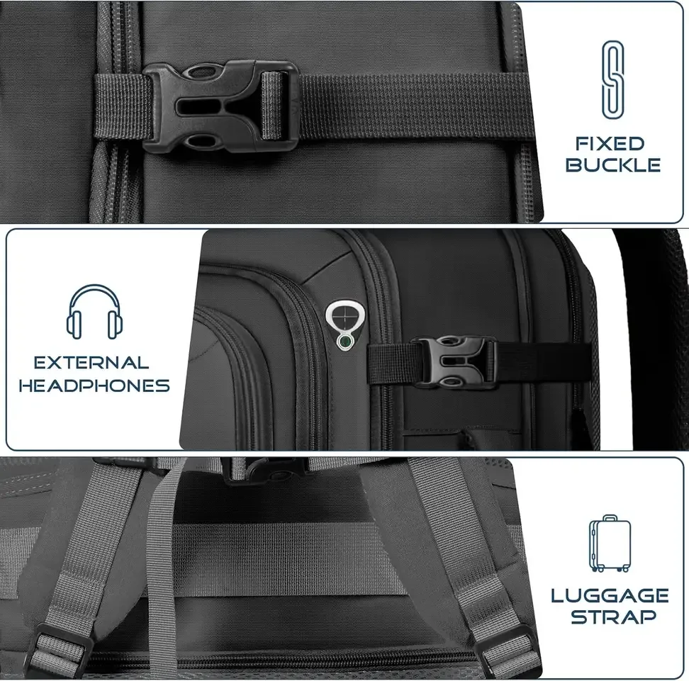 Luggage strap and headphone port on the carry-on travel backpack