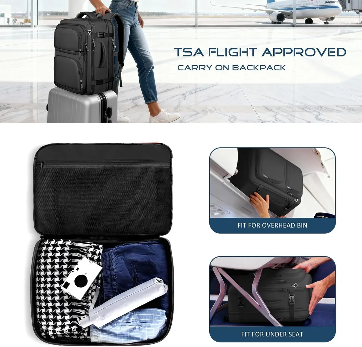 Clothes and gear packed flat in the carry-on travel backpack