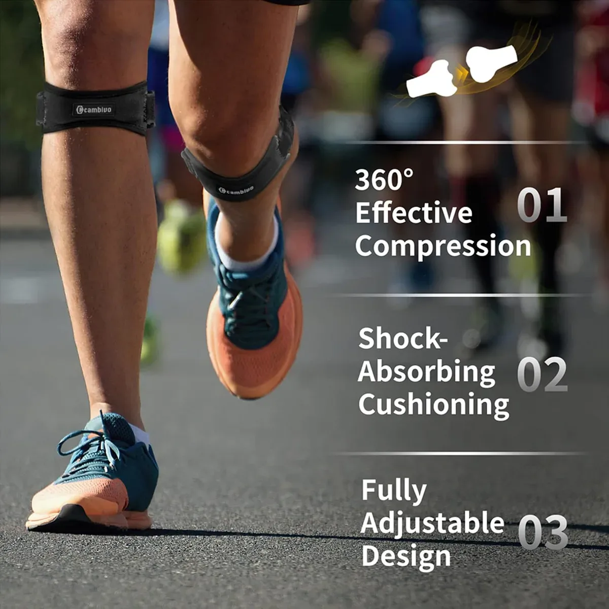 Compression, cushioning and fit of the patella tendon knee strap