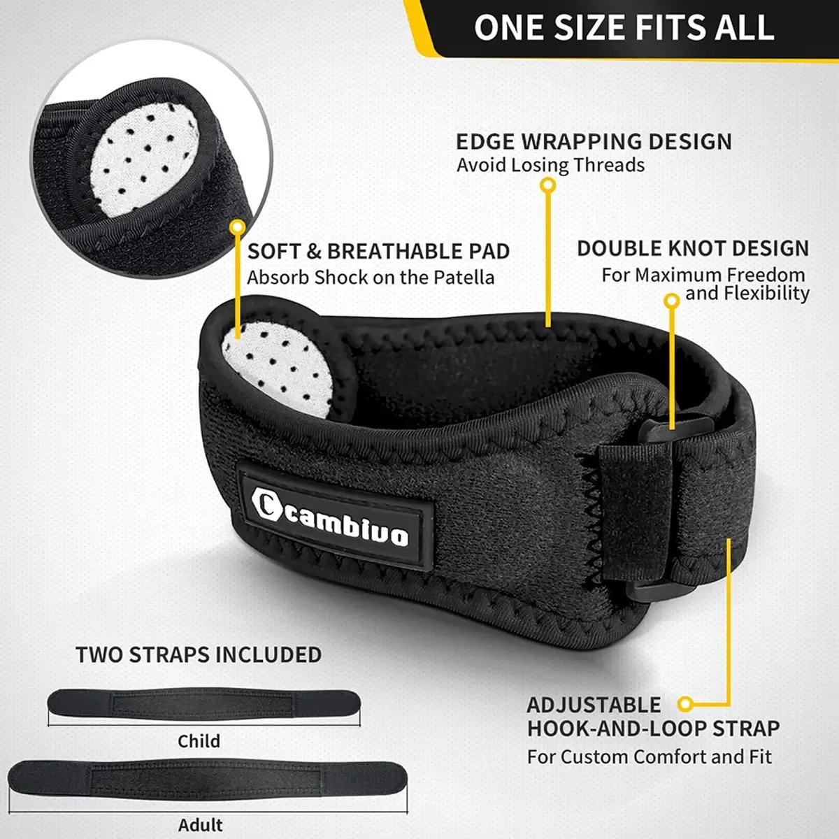 One-size patella tendon knee strap with extra straps in two lengths