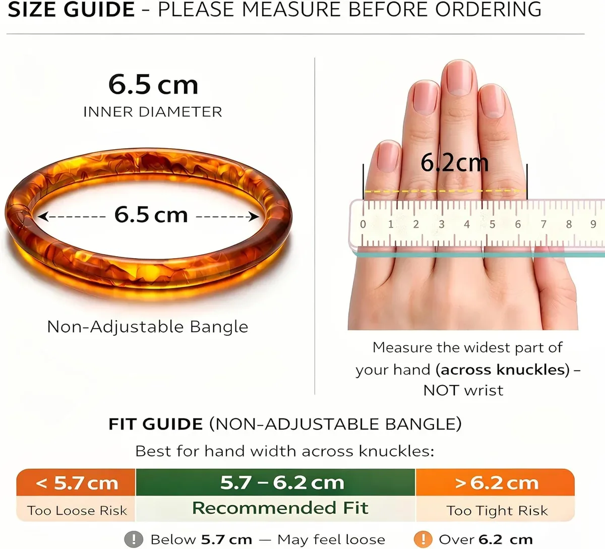Chunky resin bangles size guide with the 6.5 cm inner diameter