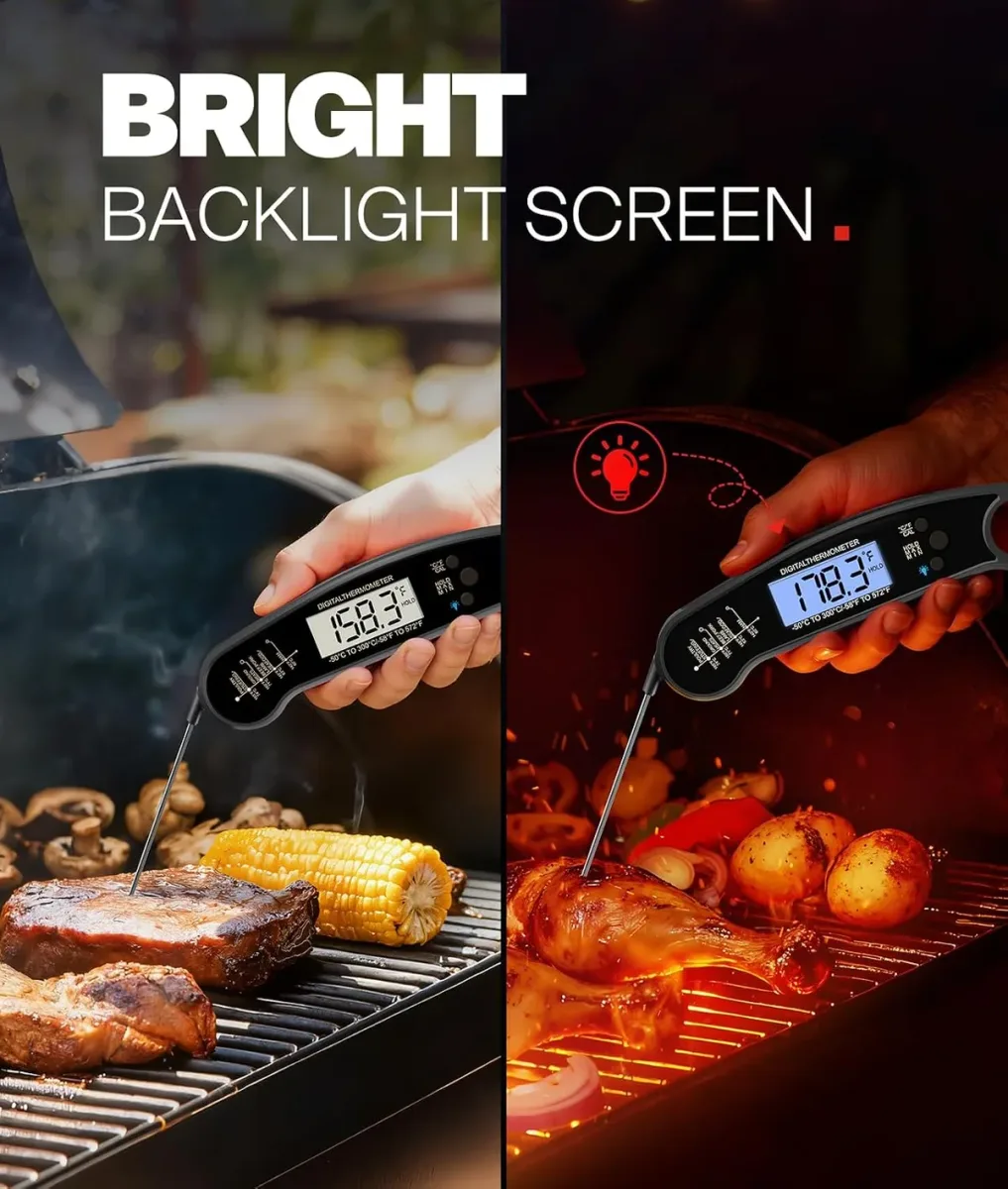 Backlit display of the instant read meat thermometer at the grill