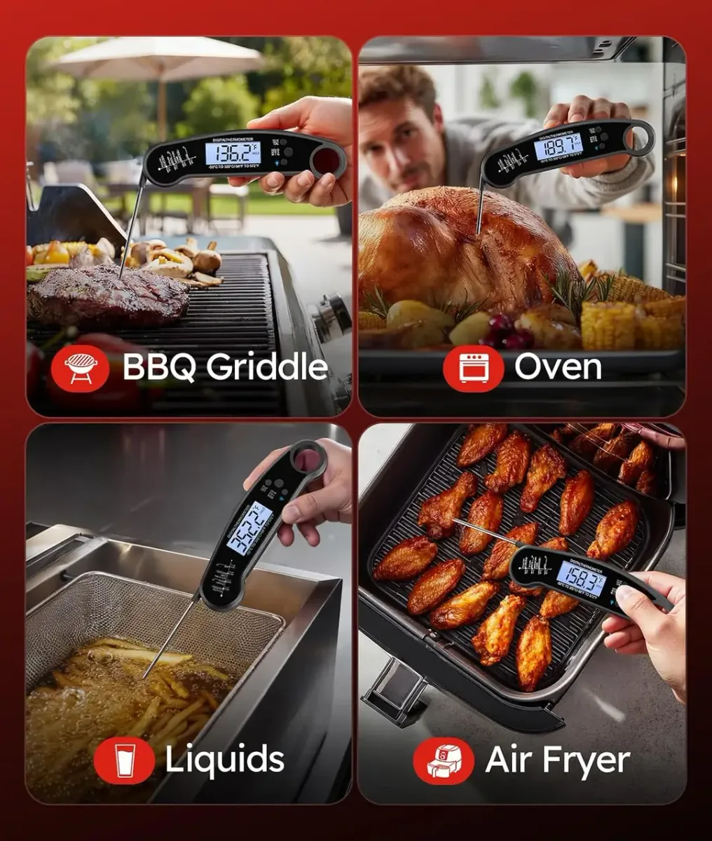 Instant read meat thermometer used for grill, oven, liquids and air fryer