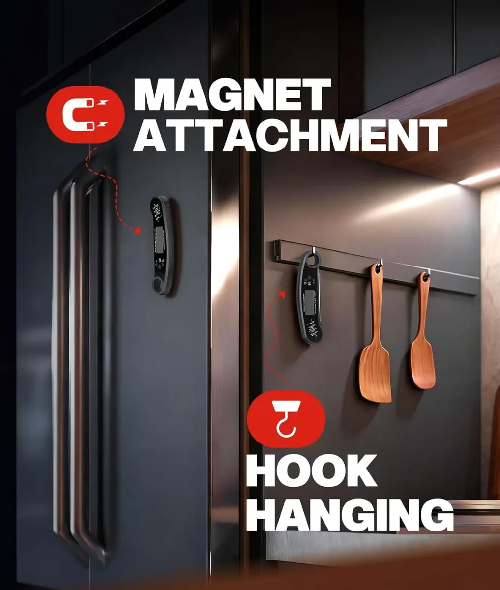 Magnet and hanging loop on the instant read meat thermometer