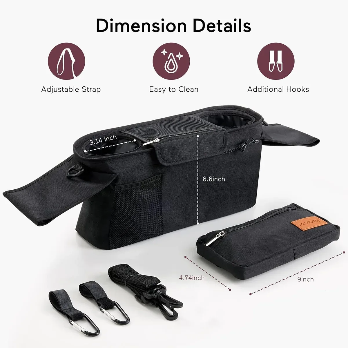 Stroller organizer dimensions of 12.9 x 4.3 x 6.7 inches
