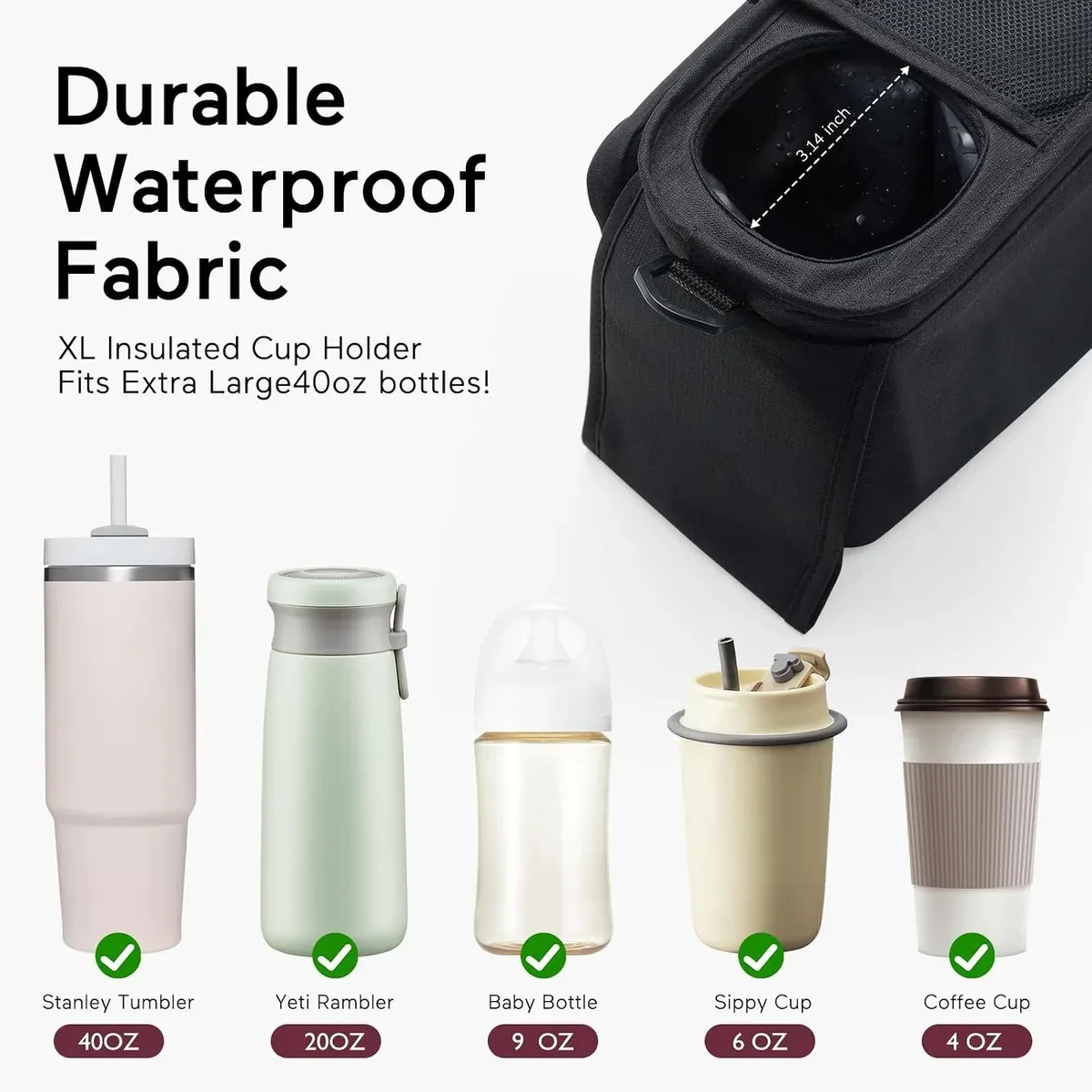 Insulated cup holders on the stroller organizer holding a bottle and coffee