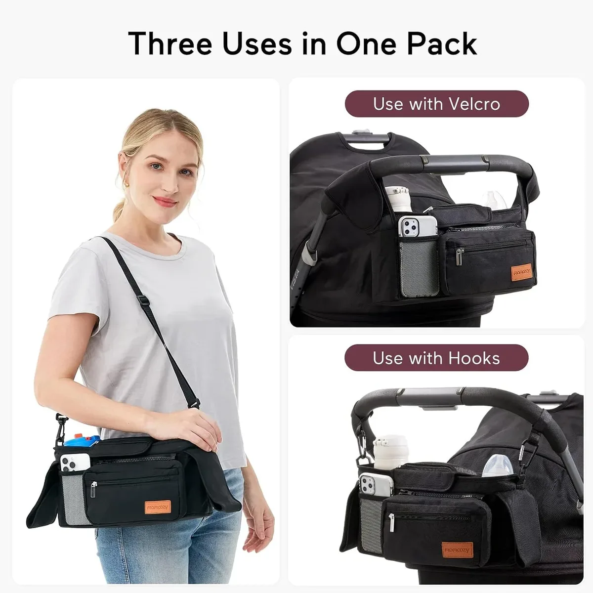 Three ways to carry the stroller organizer: handlebar, shoulder bag, wristlet