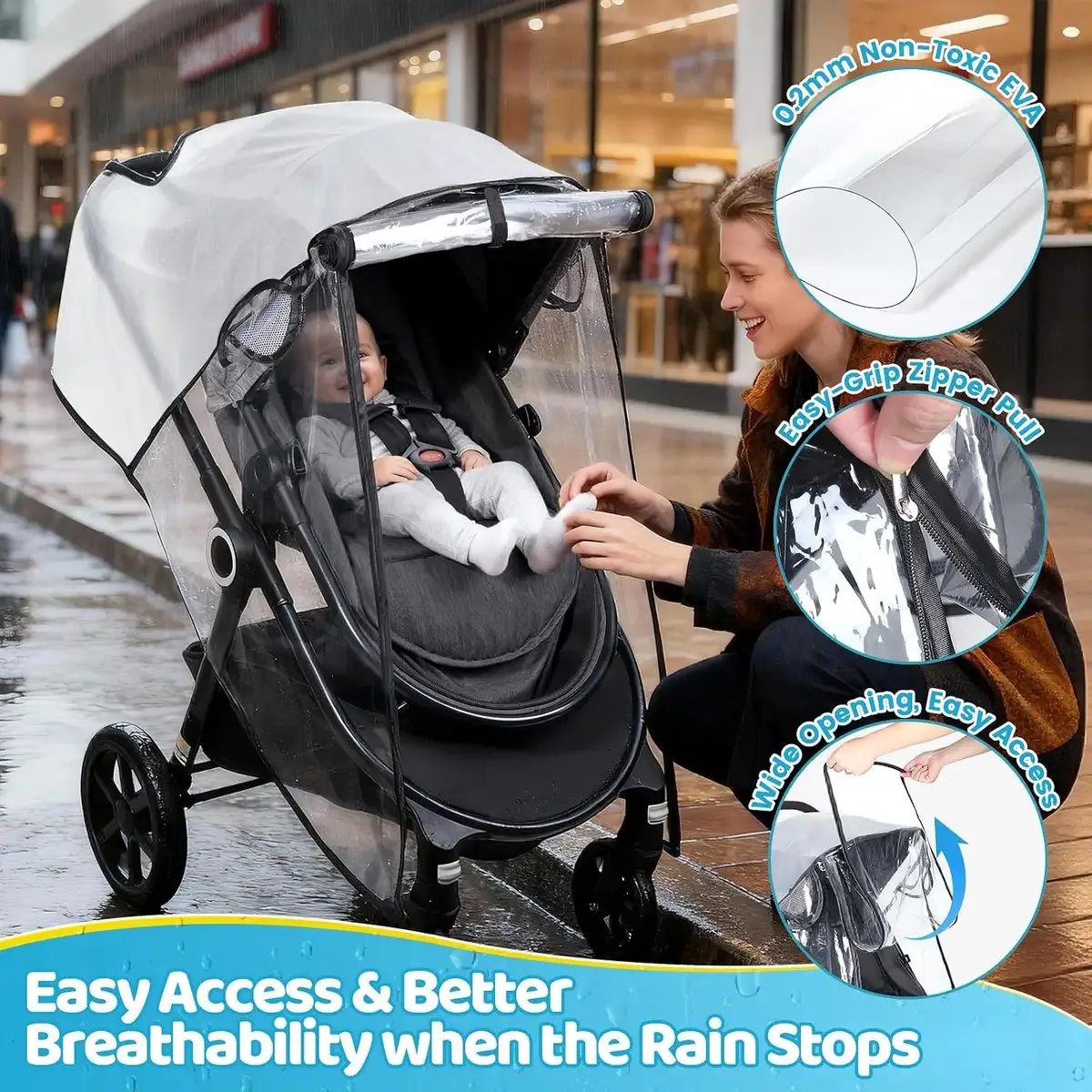 Roll-up front panel of the stroller rain cover opened for access