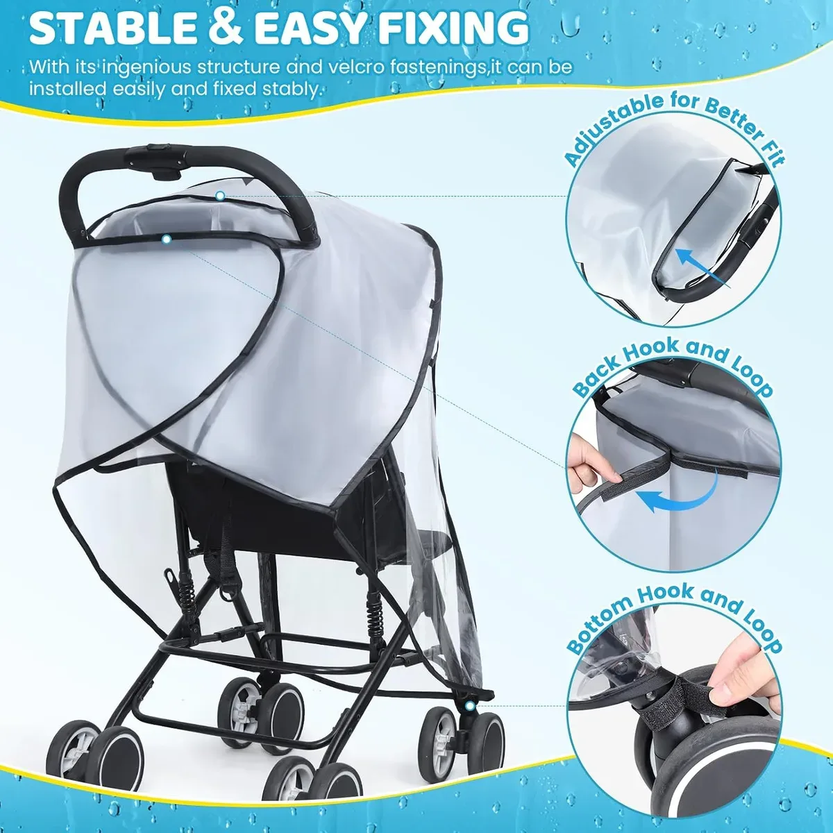 Hook-and-loop fastenings holding the stroller rain cover on the frame
