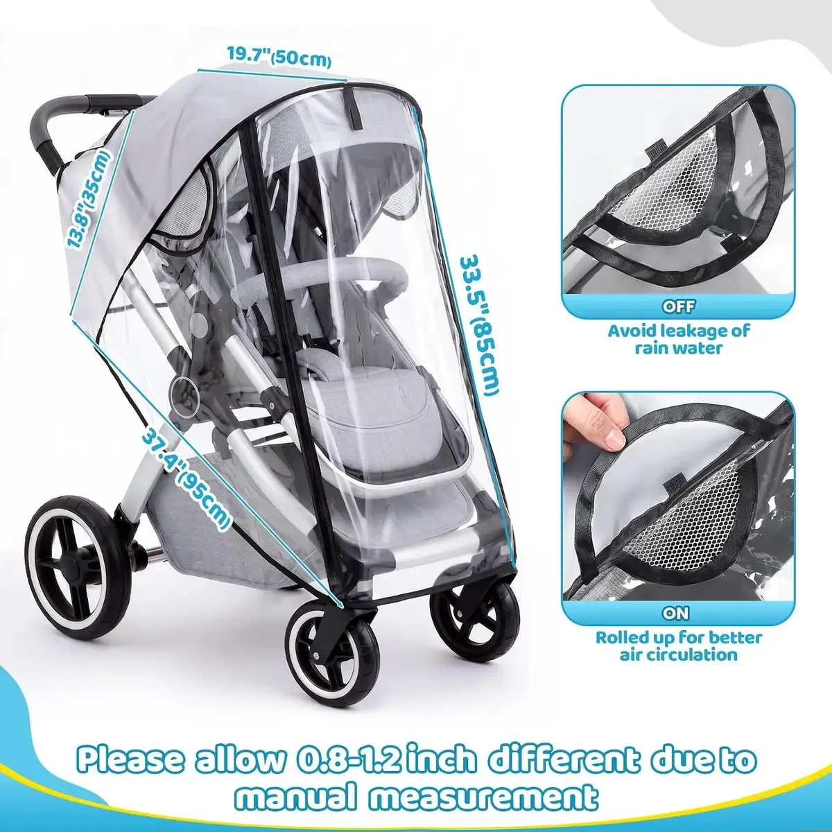 Side air vents and covered zipper on the stroller rain cover