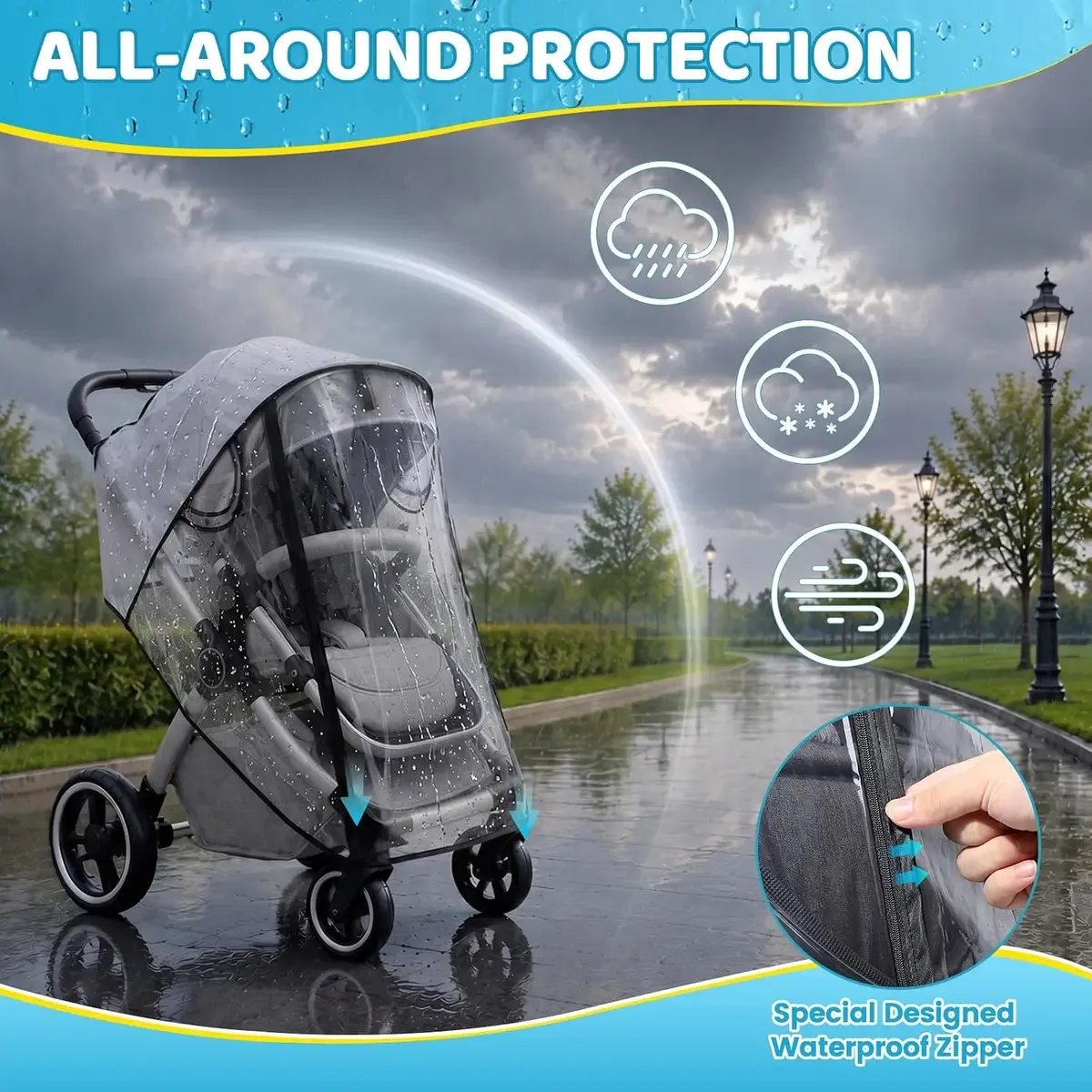 Stroller rain cover keeping rain, snow, wind and dust off a baby