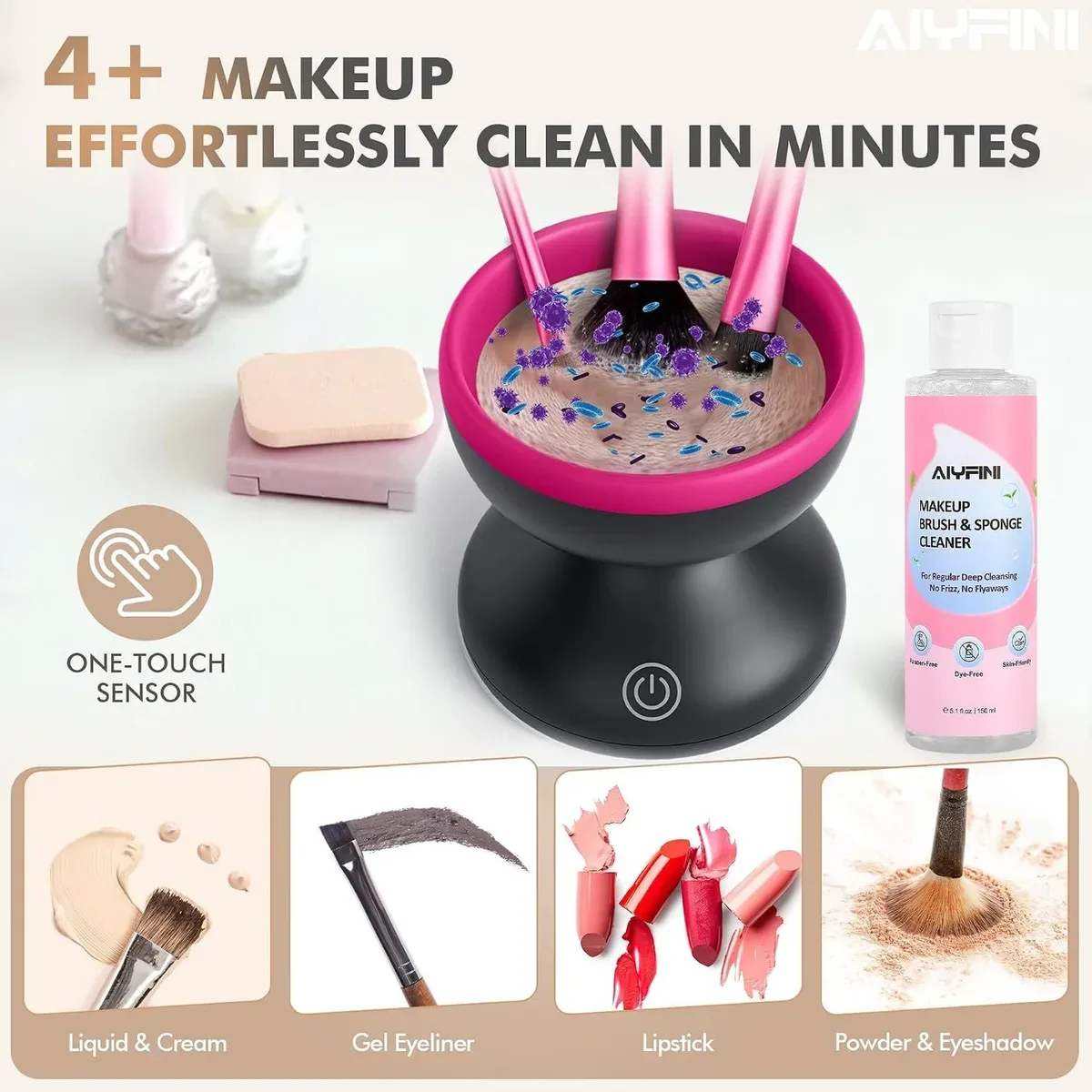 Electric makeup brush cleaner washing a set of brushes in minutes