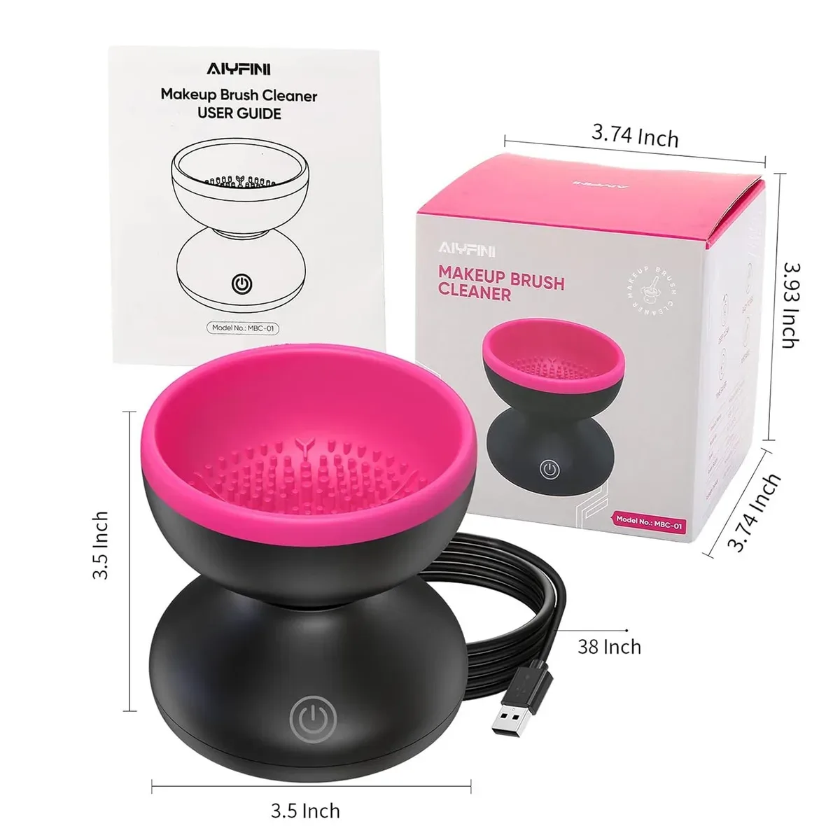 Electric makeup brush cleaner size shown next to a brush