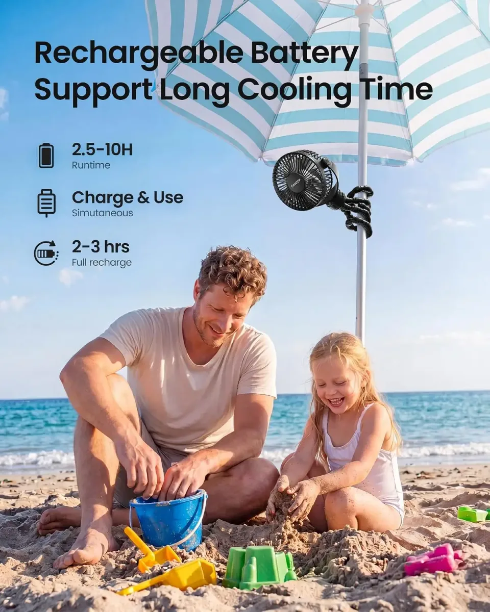 Clip-on stroller fan cooling a baby during a day at the beach