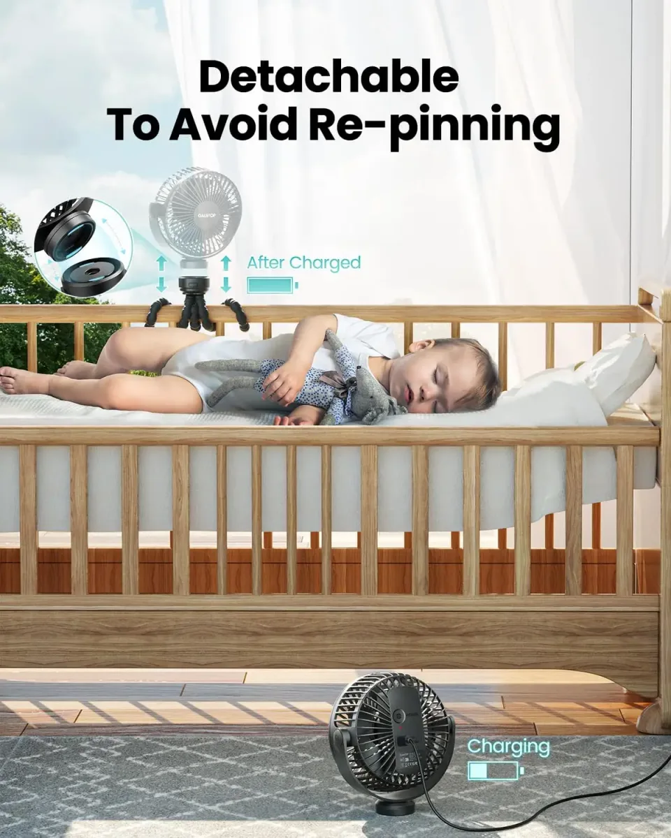 Clip-on stroller fan head detached from the tripod for charging