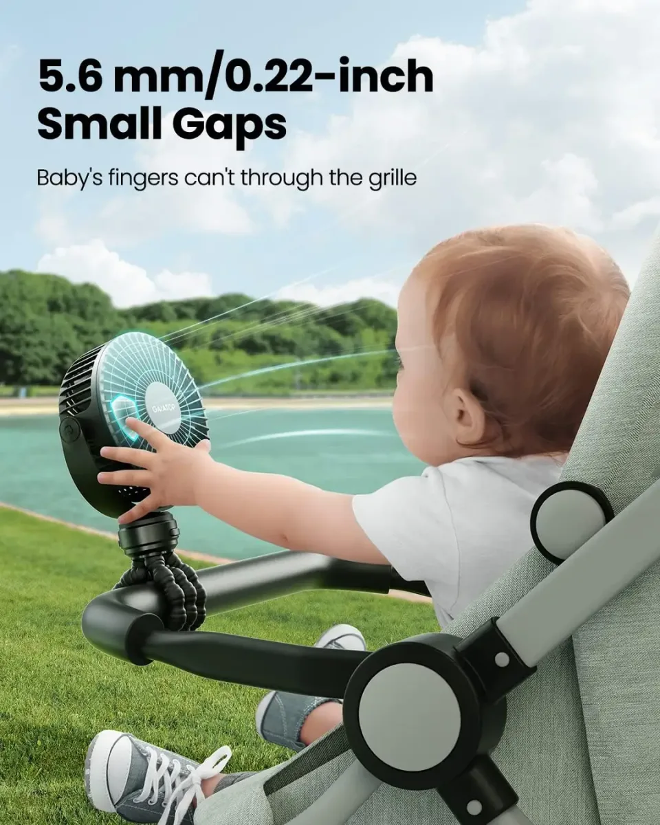 Close-up of the finger-safe grille on the clip-on stroller fan