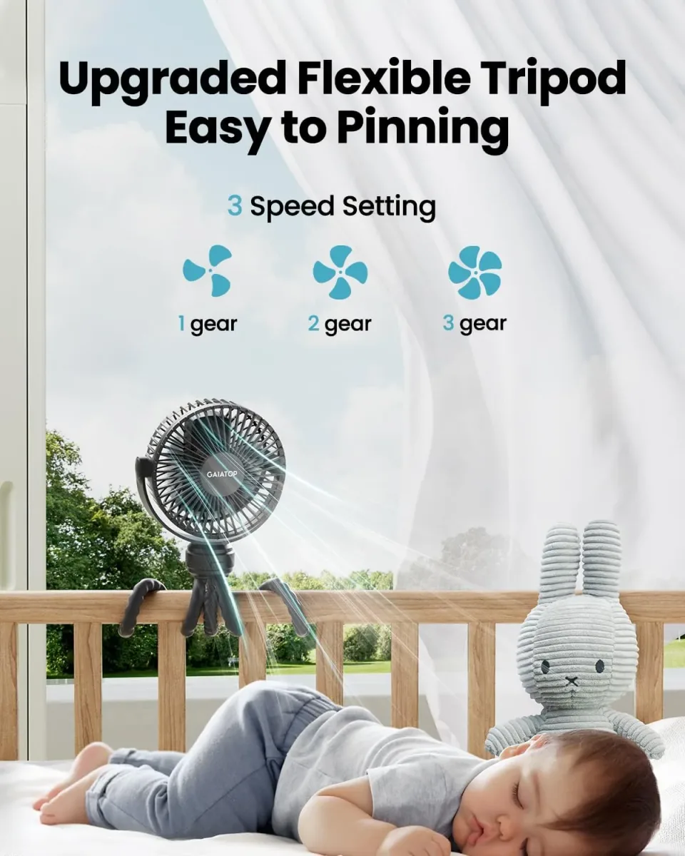 Clip-on stroller fan tripod legs wrapped around a stroller bar
