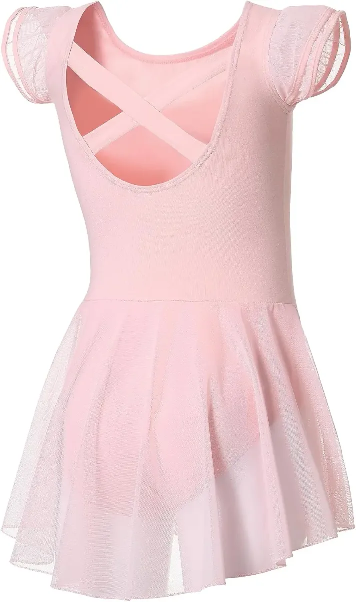 Close view of the flutter sleeves on the girls ballet leotard with skirt