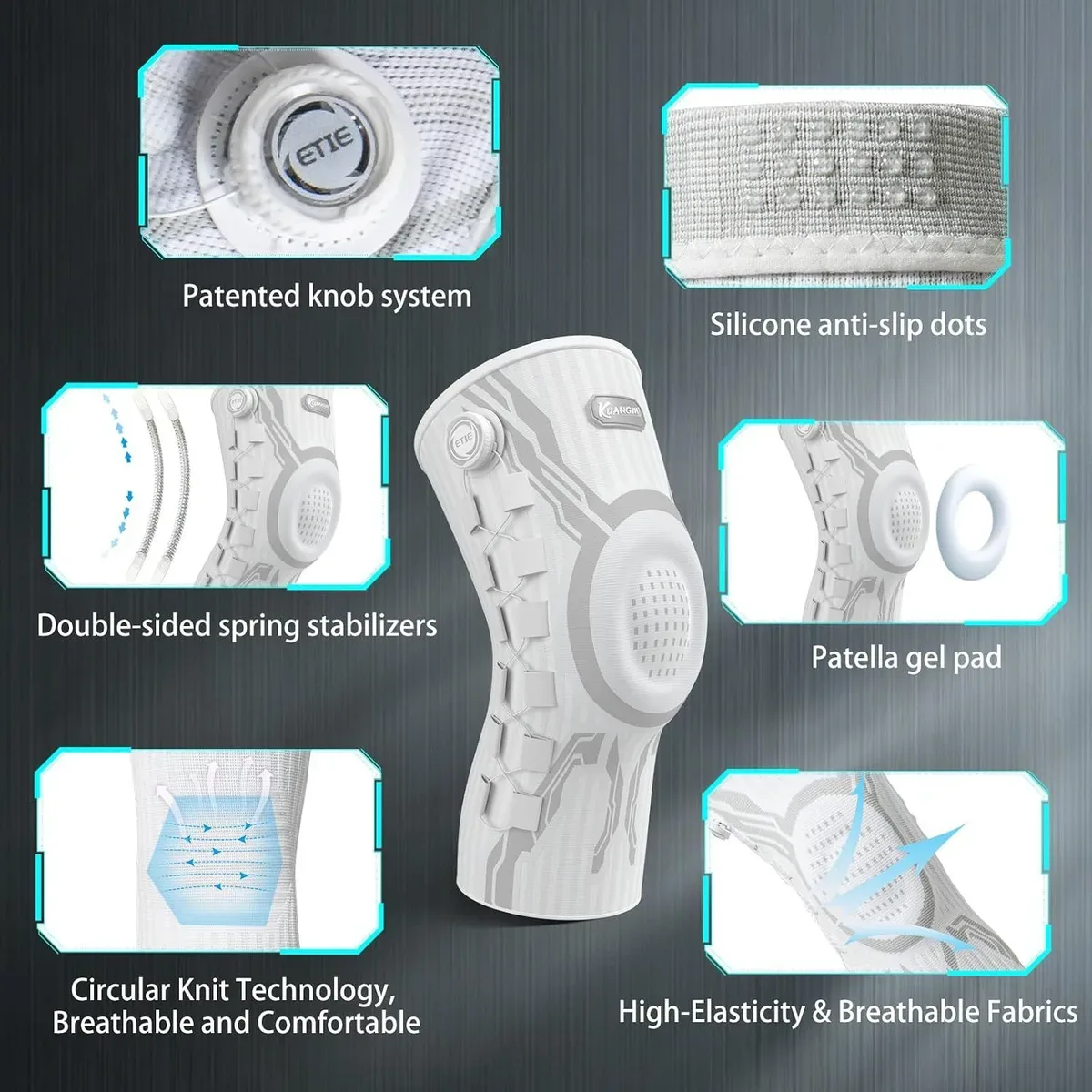Gel pad, stabilizers and fabric of the adjustable knee brace