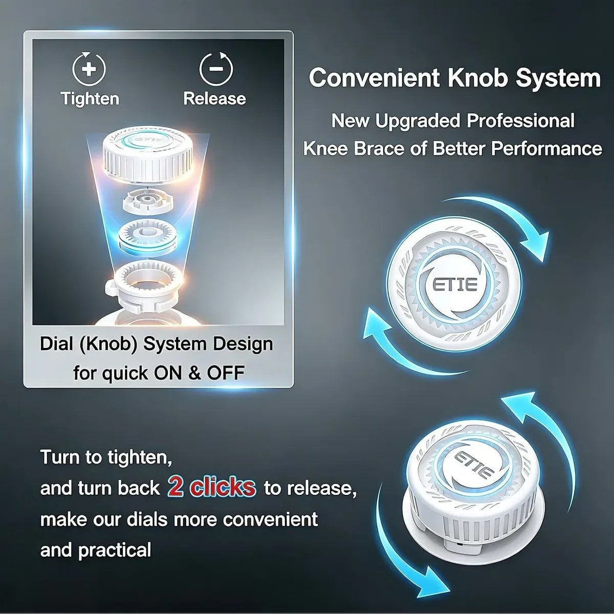 Turning the dial to tighten or release the adjustable knee brace