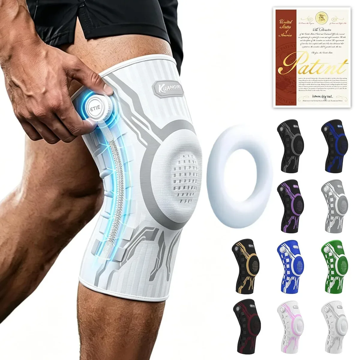 Adjustable knee brace worn on the leg, side view