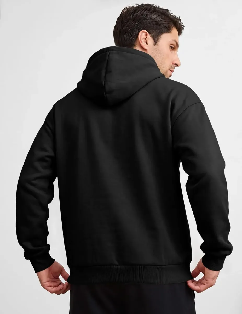 Back view of the fleece lined hoodie for men and its hood