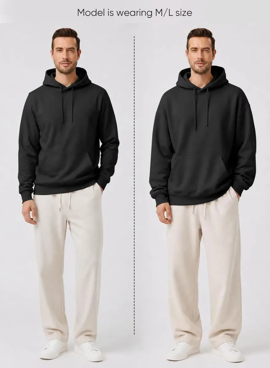 Size reference for the fleece lined hoodie for men on a model