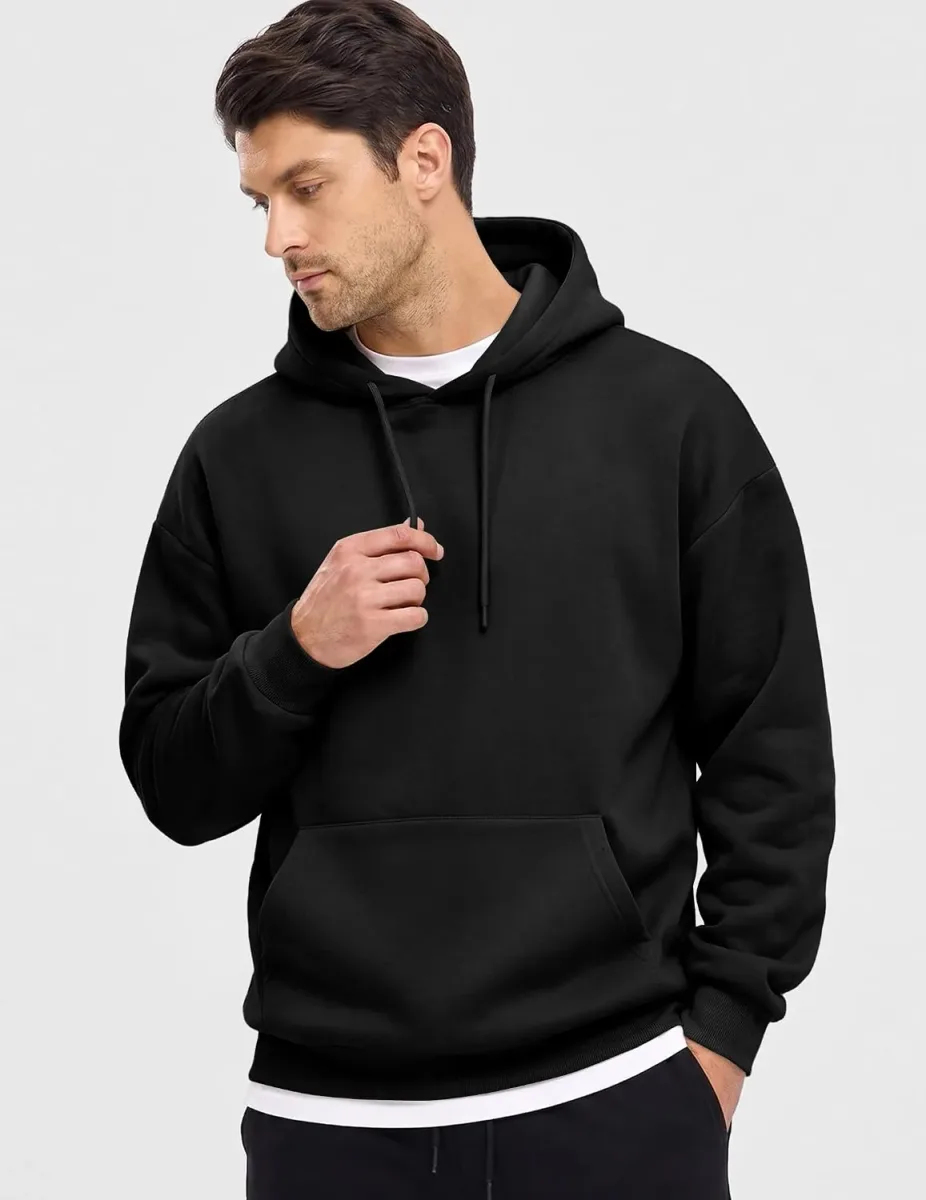 Man wearing a black fleece lined hoodie for men