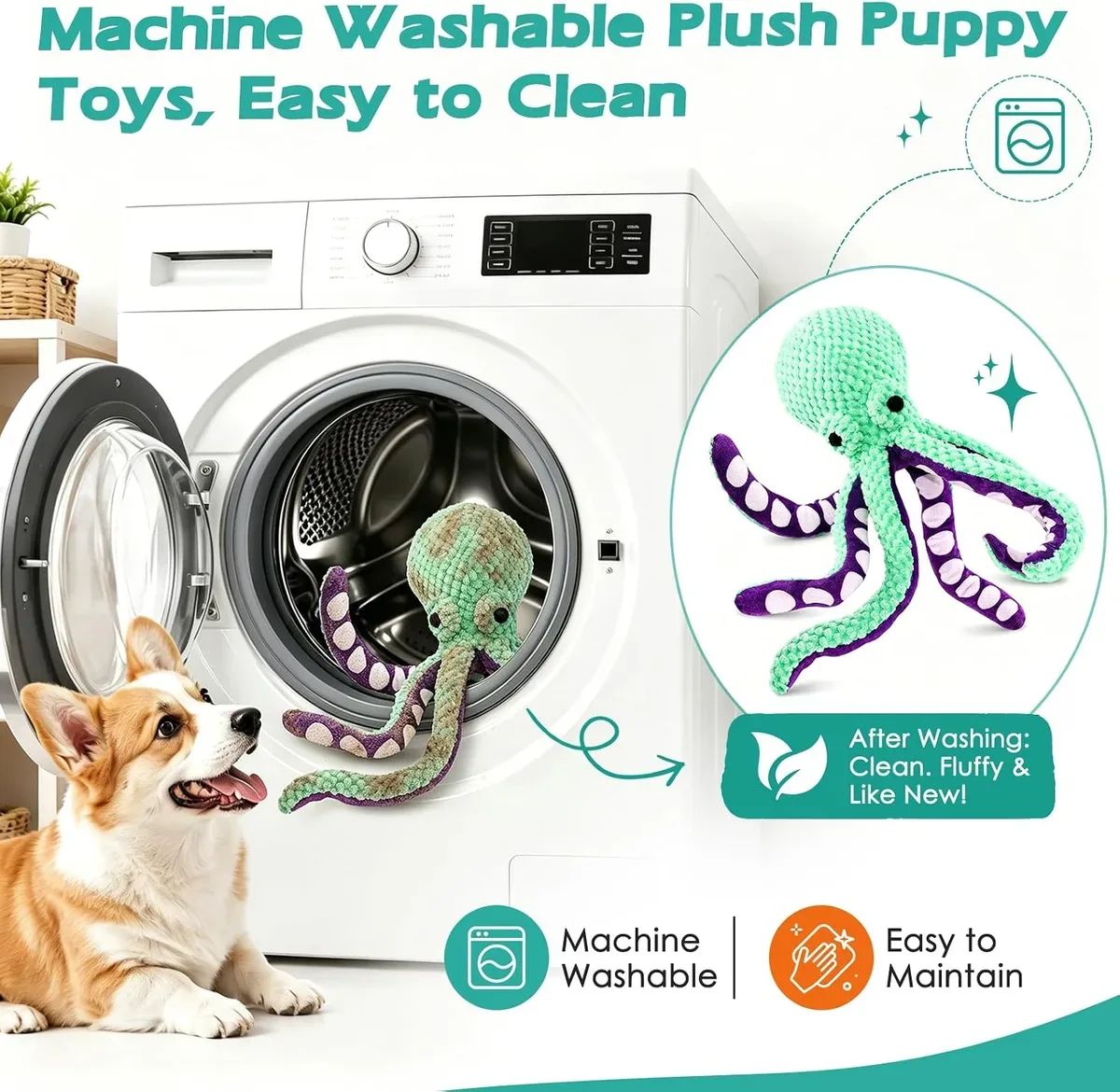Machine washable squeaky octopus dog toy, easy to keep clean